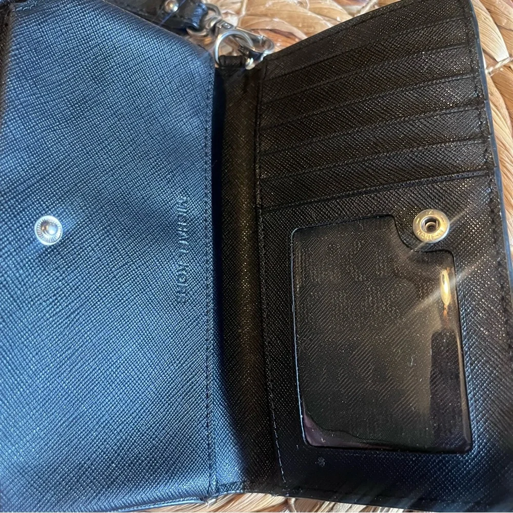 Michael Kors Black Saffiano Leather Wristlet Wallet Zip Snap MK Logo
